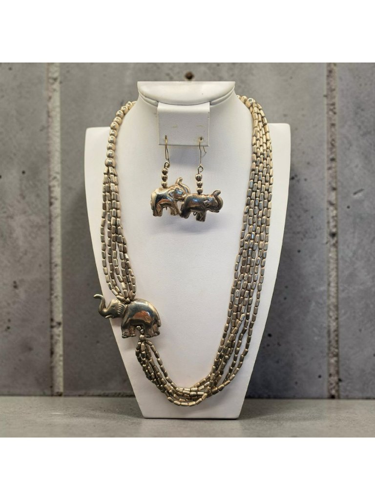 Vintage Silver-Tone Metal 6 Strand Elephant Necklace Matching Earrings